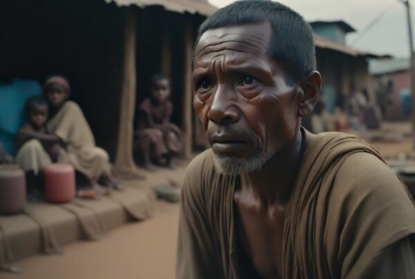 An elderly man in a rural village setting with children in the background, conveying a story of generational contrast and contemplation.