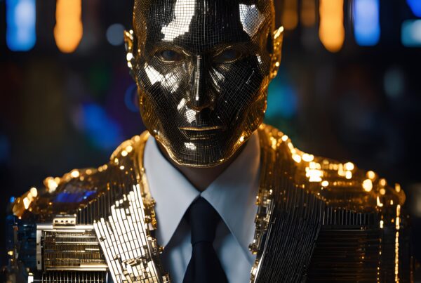 SEO-optimized image alt text: "Futuristic figure with a golden mask reflecting lights."