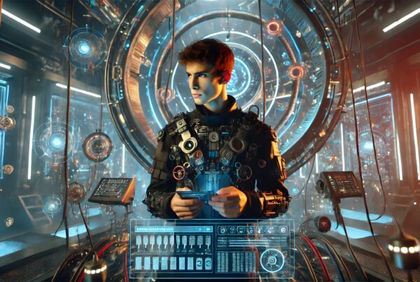 A futuristic scene with a young man using a digital tablet in a high-tech control room filled with holographic displays and circuits.