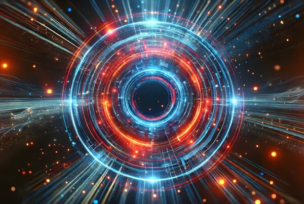 A vibrant, abstract digital vortex with concentric circles in blue and orange hues, suggesting a futuristic or technological portal.