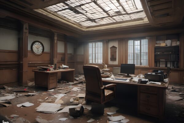 Abandoned office with scattered papers and damaged ceiling.