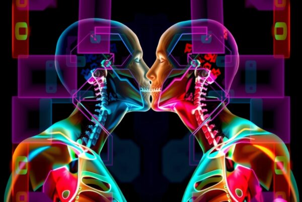 Vibrant neon anatomical figures with futuristic digital elements.