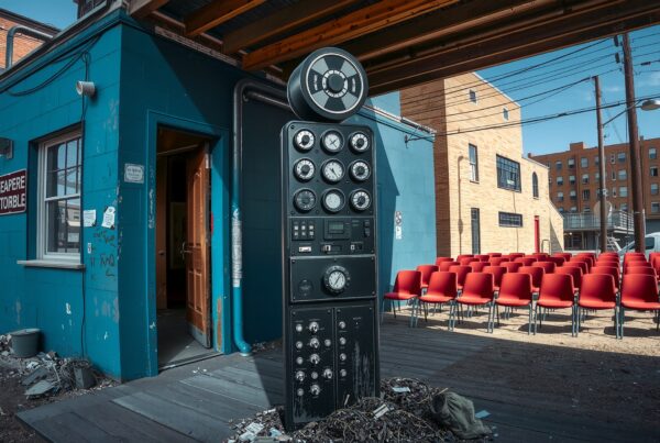 Vintage control panel setup with red chairs.