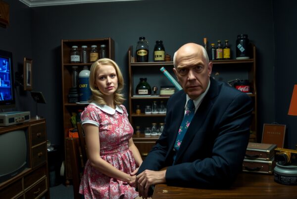 A man and woman in a retro room filled with vintage scientific equipment, adding an enigmatic atmosphere.