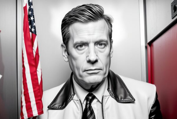 Middle-aged man with American flag, serious expression, leather jacket.