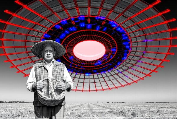 A farmer stands in a black-and-white field beneath a bright, colorful UFO-like structure, blending reality and fantasy.