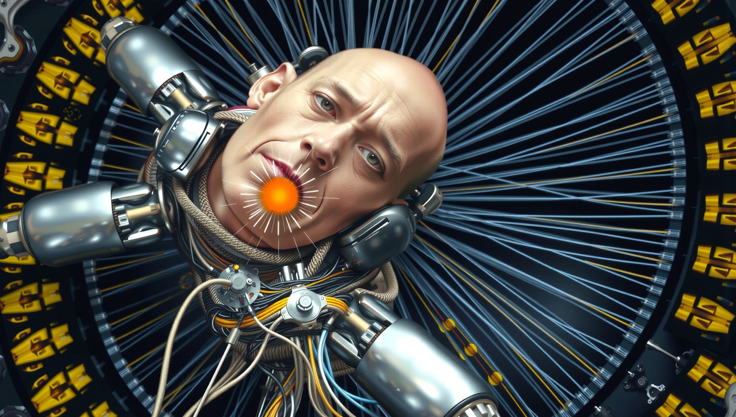 Cyborg Face in Futuristic Machinery