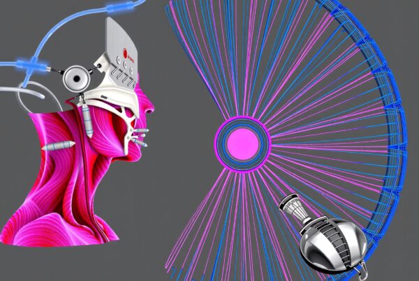 Futuristic cybernetic profile with geometric design.