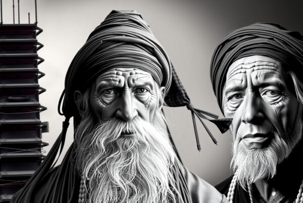 Black and white portrait of two elderly men with turbans against an abstract structure background.