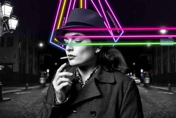 A woman in a trench coat with neon lights in the background of a noir-style city street.