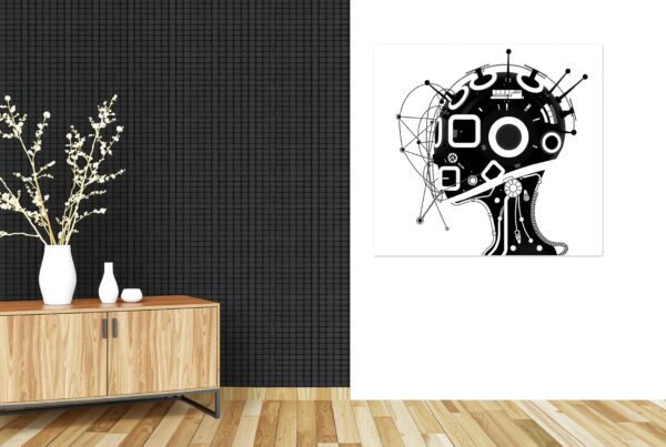 Modern interior with abstract head artwork in a minimalist setting.