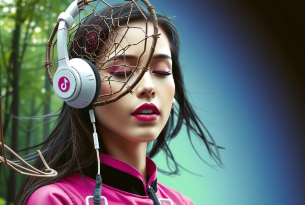 A young woman with headphones integrated with a dreamcatcher, standing in a serene forest setting, symbolizing a blend of technology and culture.