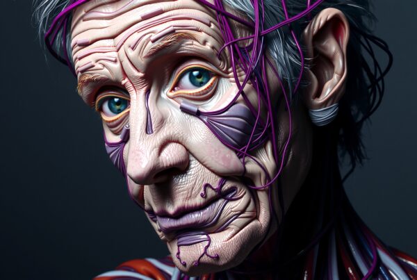 Anatomical illustration of an elderly man's face showcasing detailed muscles, tendons, and nerves with expressive blue eyes and silver hair.