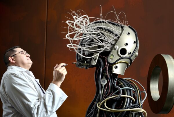 Futuristic humanoid robot examined by scientist in lab.