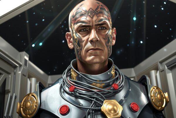 A bald man with black facial tattoos wearing a futuristic metallic suit with cables, inside a spaceship with stars visible.