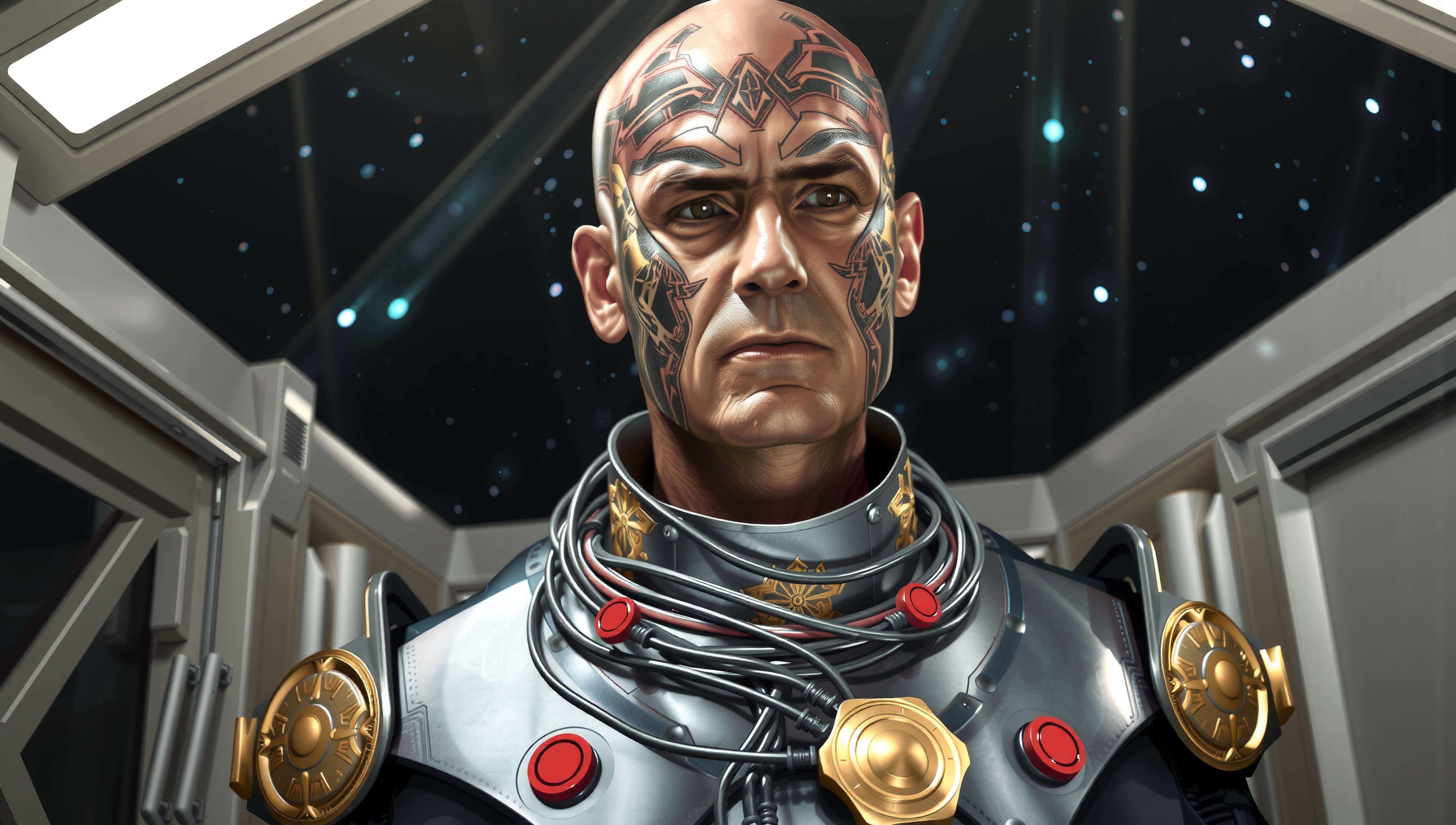 Tattooed Man in Futuristic Suit