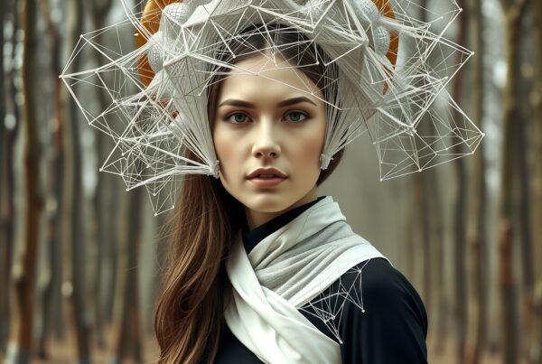 A woman with a geometrical headpiece stands mysteriously in a serene forest.