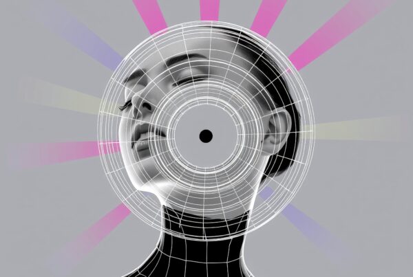 A grayscale female figure in a cybernetic wireframe emits colorful beams on a grey background, blending human emotion with digital abstraction.