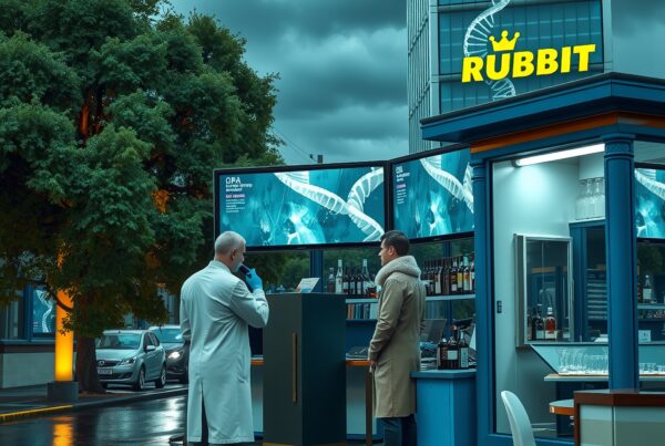 A modern urban bar with DNA helix-inspired backdrop and scientific theme.