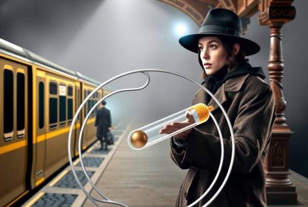 A mysterious woman on a vintage train platform holding a futuristic device.