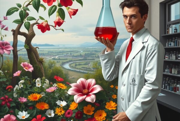 A scientist in a lab coat holding a red liquid by a window overlooking a vibrant floral garden.