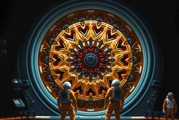 Futuristic astronauts examining cosmic portal interior.