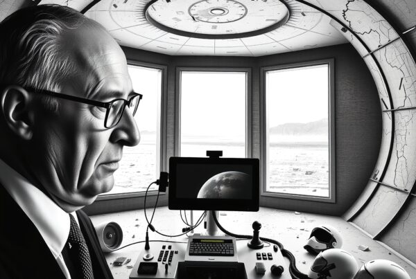 A distinguished man in a futuristic control room with Earth on monitor.