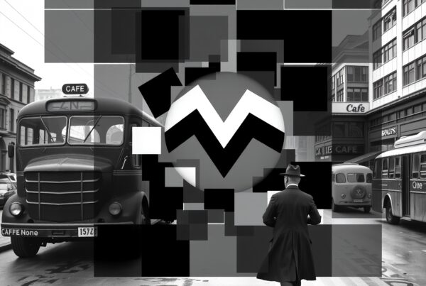 Black-and-white abstract city scene with bus.