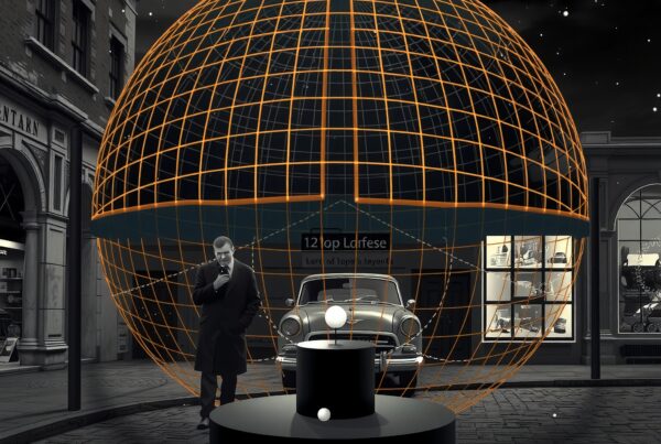A large glowing geodesic sphere encircles a vintage car at night amidst a futuristic cityscape.