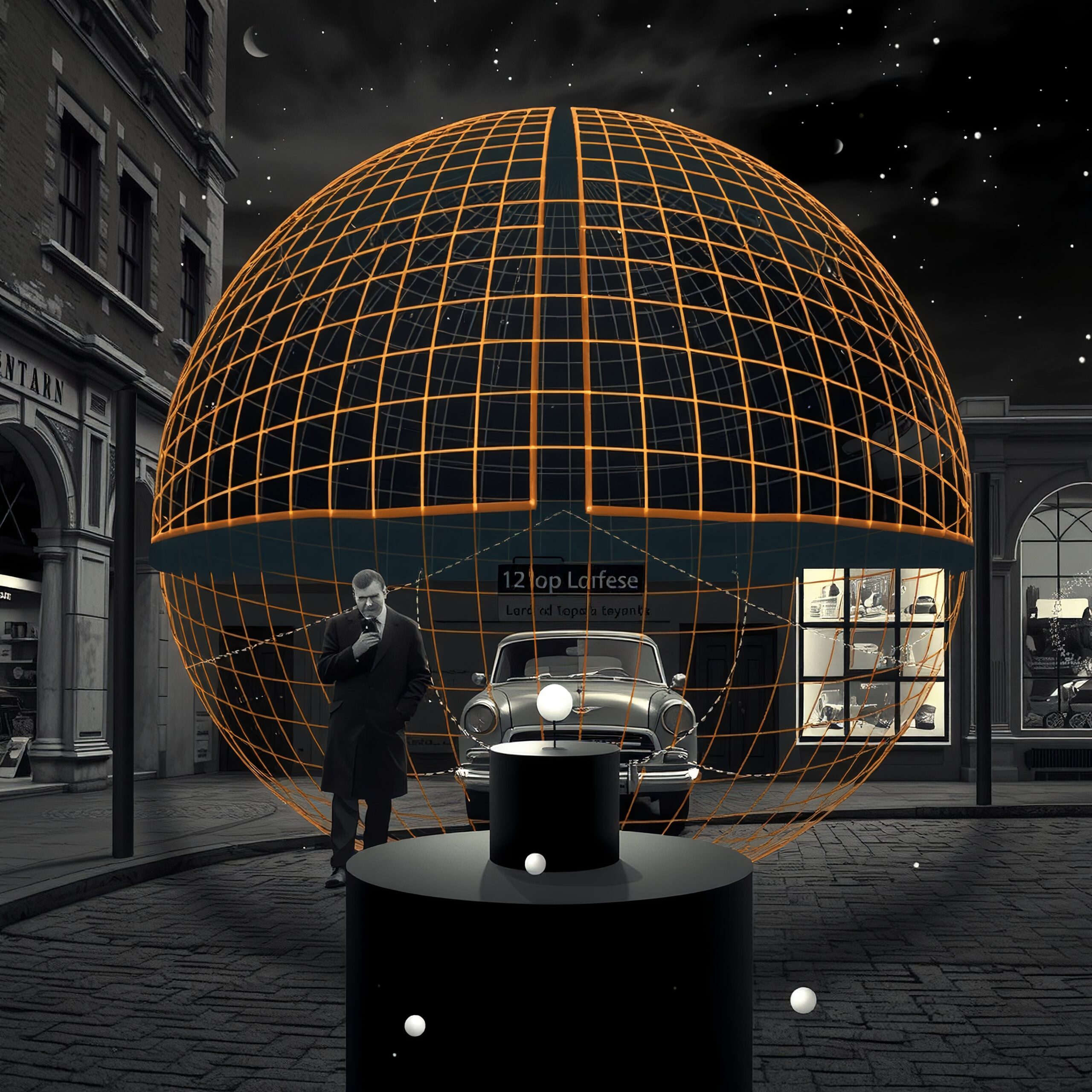 Retro-futuristic Sphere with Vintage Car