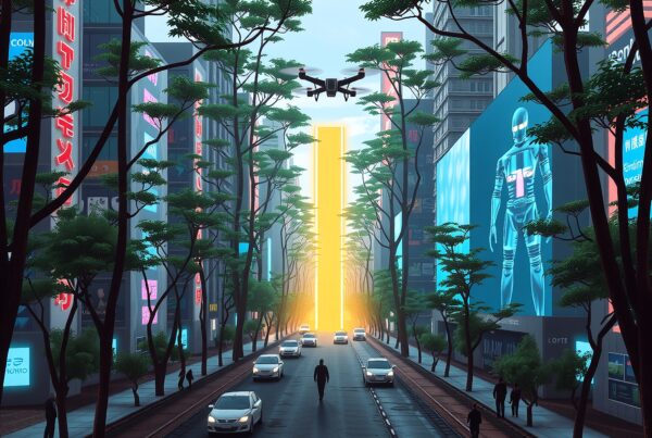 Futuristic street scene with neon lights, drones, and digital billboards in a city.
