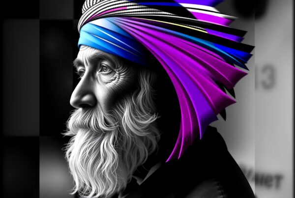 Digital portrait of an elderly man wearing a vibrant, colorful headpiece, blending classical and modern art styles.