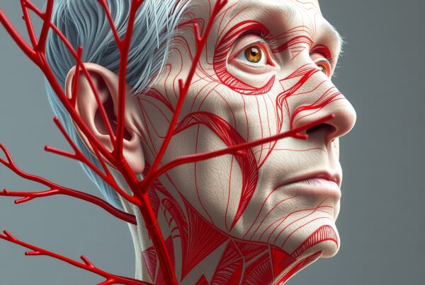 Hyper-realistic portrait with red anatomical lines.