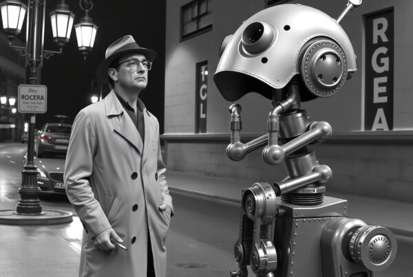 A man in a trench coat stands on a night-lit street interacting with a vintage-style robot.