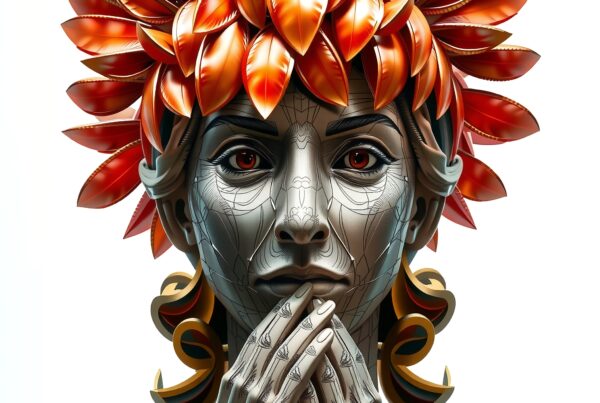A surreal digital portrait of a metallic face with orange-red leaf headdress.