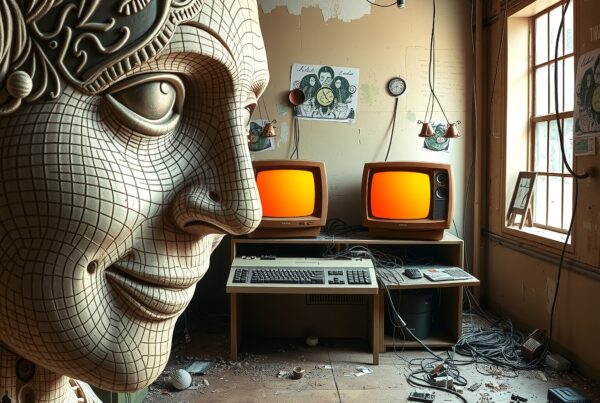 A retro-futuristic scene with a detailed robotic sculpture and vintage computers in a cluttered room.