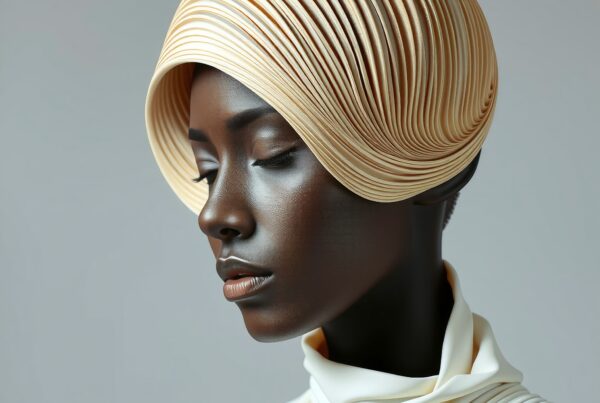 A person with a unique spiraled headpiece, serene expression, and elegant attire.