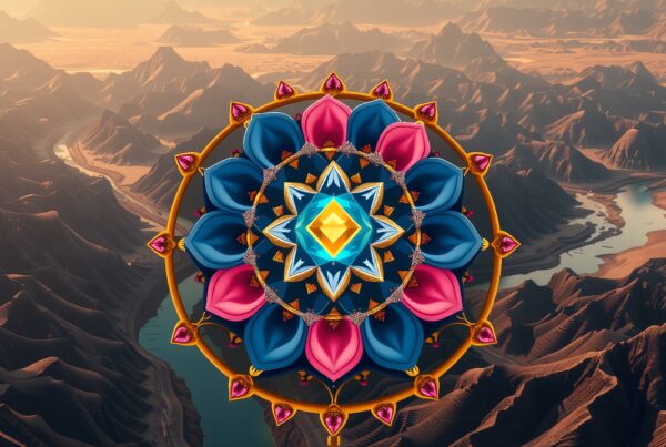 A vibrant mandala floats over a serene mountain landscape with a winding river and warm sunset hues.