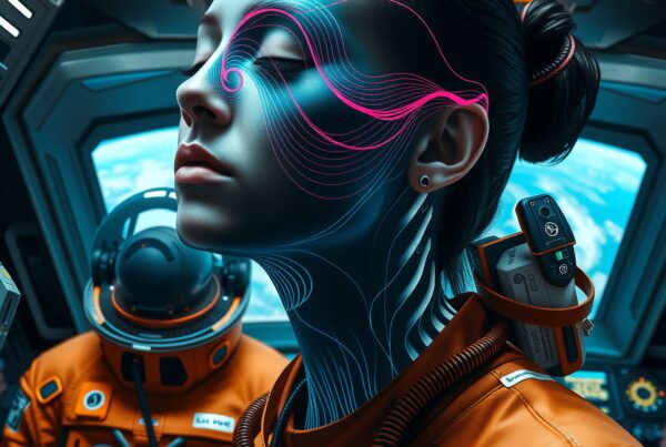 Futuristic astronaut with glowing neon face lines, exploring in a spacecraft cockpit.