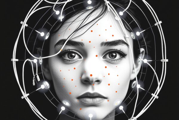 Futuristic portrait of a woman with glowing wires and orange dots.