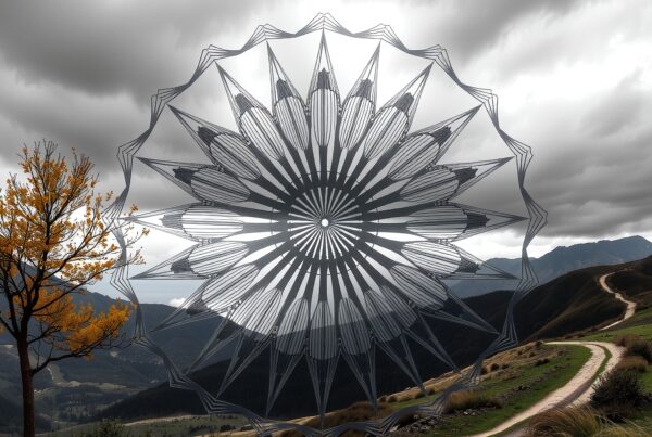 An intricate metallic mandala structure in a cloudy mountainous landscape with a colorful autumn tree.