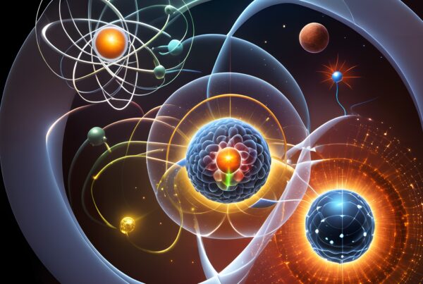 Abstract illustration of interconnecting atoms with visible electron orbits and radiant colors.