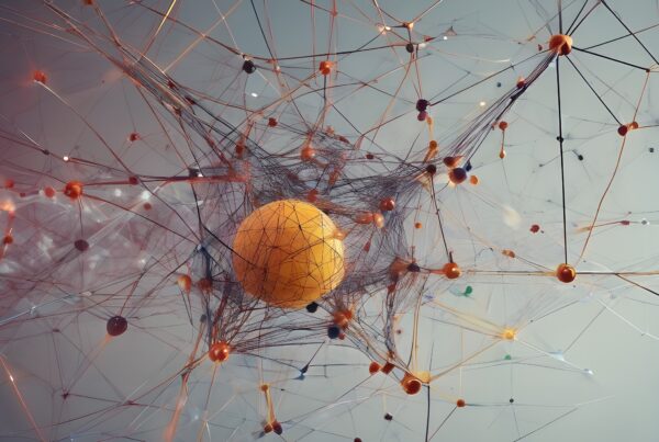 An abstract digital network illustration with interconnected nodes and orange central sphere, symbolizing complexity and connectivity.