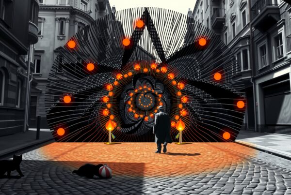 A mysterious urban scene features a lone figure facing a glowing portal surrounded by architecture.