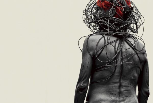 Image of a figure with cables and red hair, highlighting futuristic themes and technology.