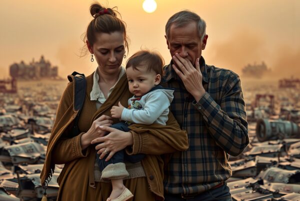 A family stands among abandoned tanks at sunset.