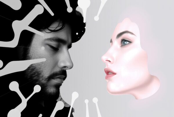 Abstract illustration featuring male and female profiles facing each other with contrasting dark and light themes, surrounded by digital network motifs.