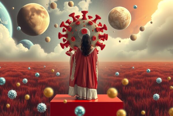 A woman stands on red grass in front of a stylized virus in a surreal, planetary landscape.