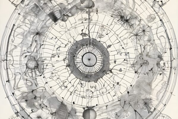 Intricate monochrome circular abstract design with organic and geometric shapes.