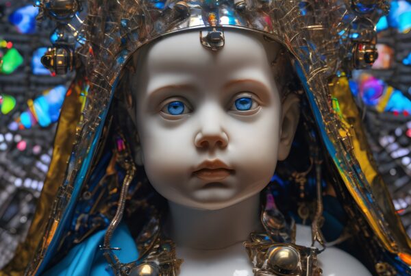 Exquisite sculpture of a child with a futuristic, mechanical headdress and vibrant stained glass background.